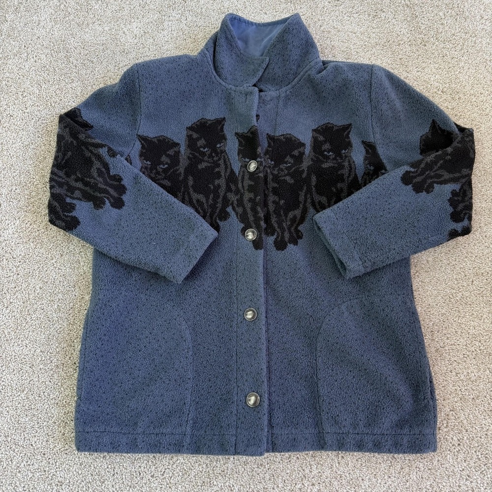 Vintage County Clothing Co Jacket Womens Large Blue Fleece Cat Print Button